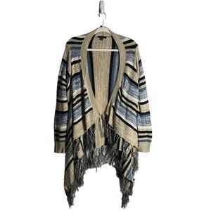 Majora Women's Tan/Blue Striped Open Front Fringed Knit Cardigan